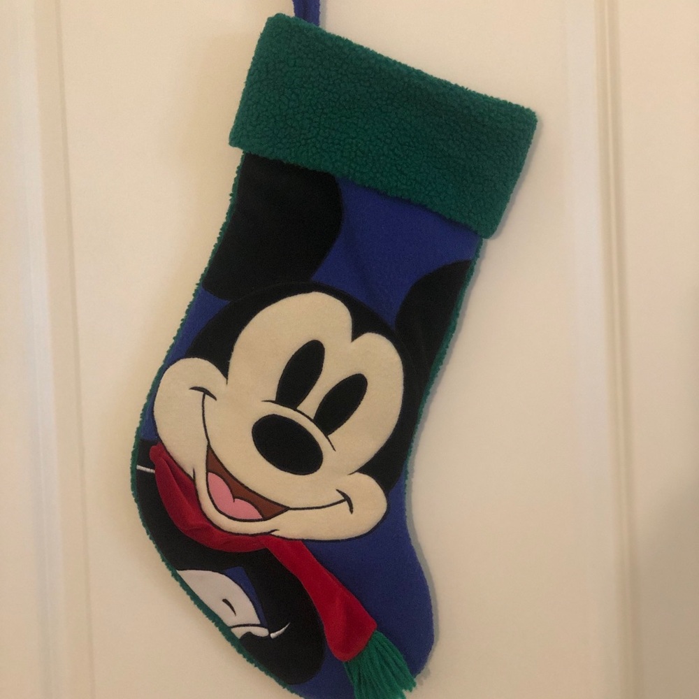 Vintage Disney Store Mickey Mouse Plush Holiday Stocking in Blue & Green Fleece